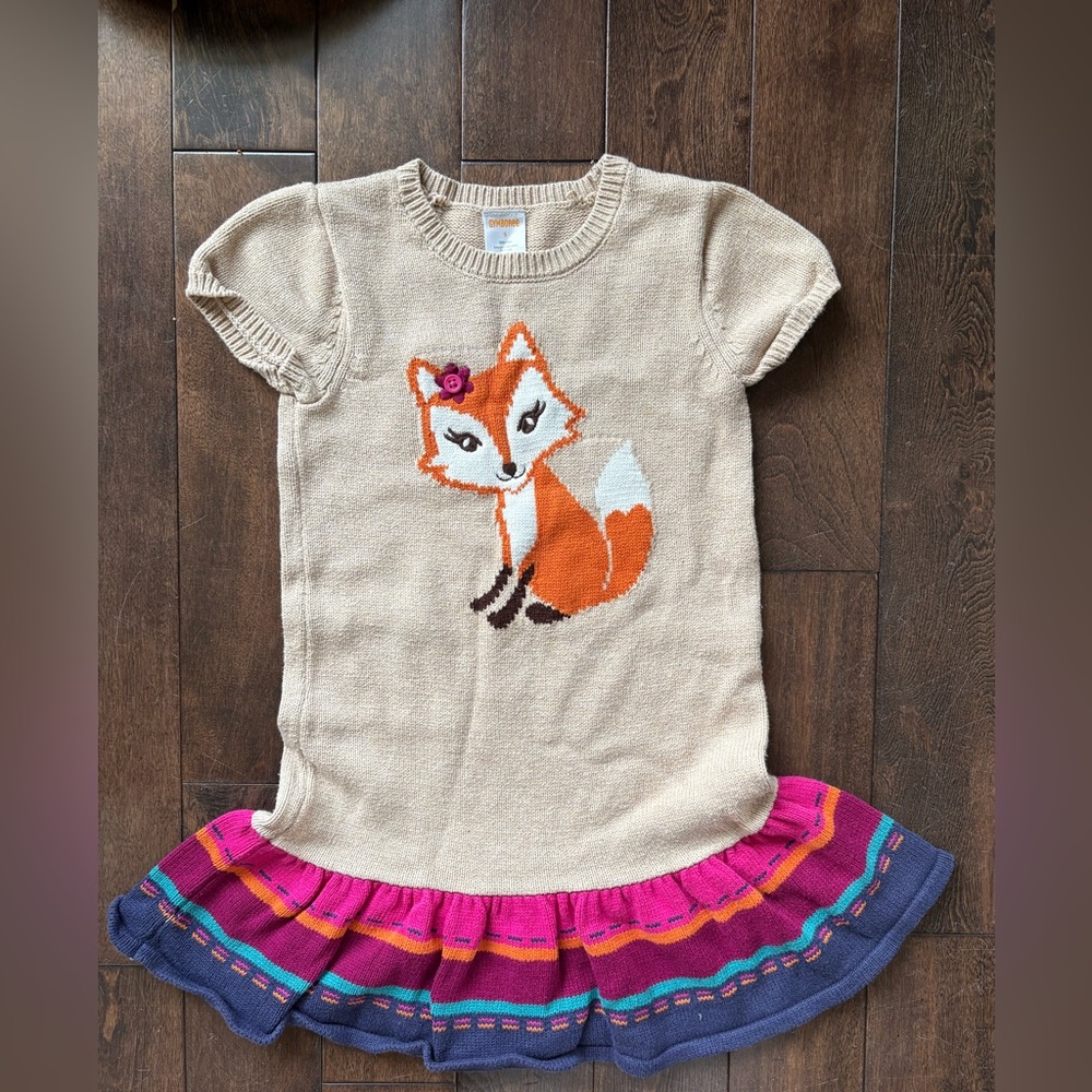 vintage Gymboree Cute Fox Knit Dress with Ruffle Hem 100% cotton